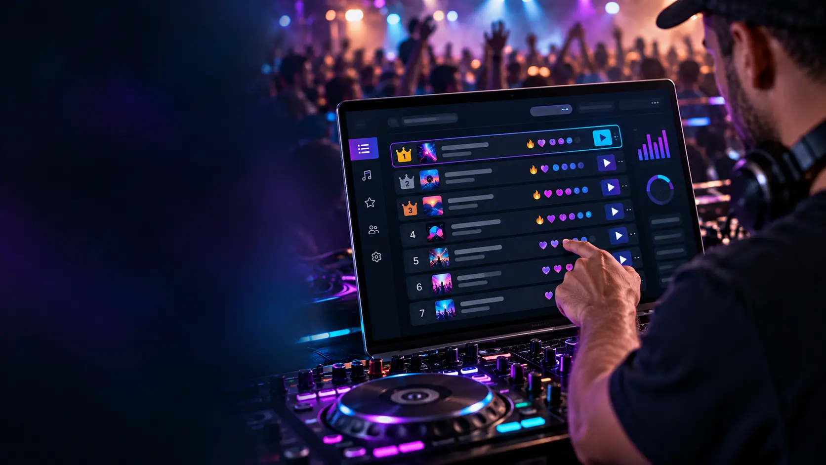 DJ reviewing a ranked live request queue on a large screen